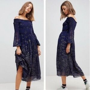 Free People Foiled Smocked Midi Dress Evening Blue Combo Navy Gold NWT S